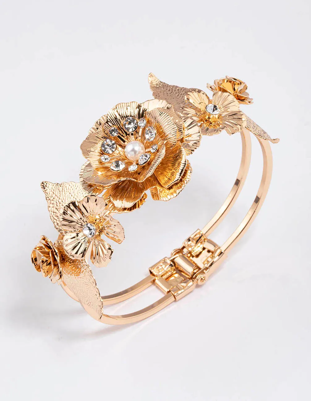 Gold Statement Diamante Flower Bangle