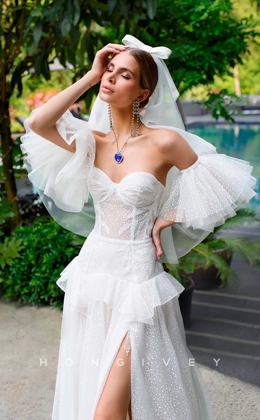 H1007 - Sexy Satin Sheer Sweetheart With Side Slit Long Beach/Bohemian Wedding Dress