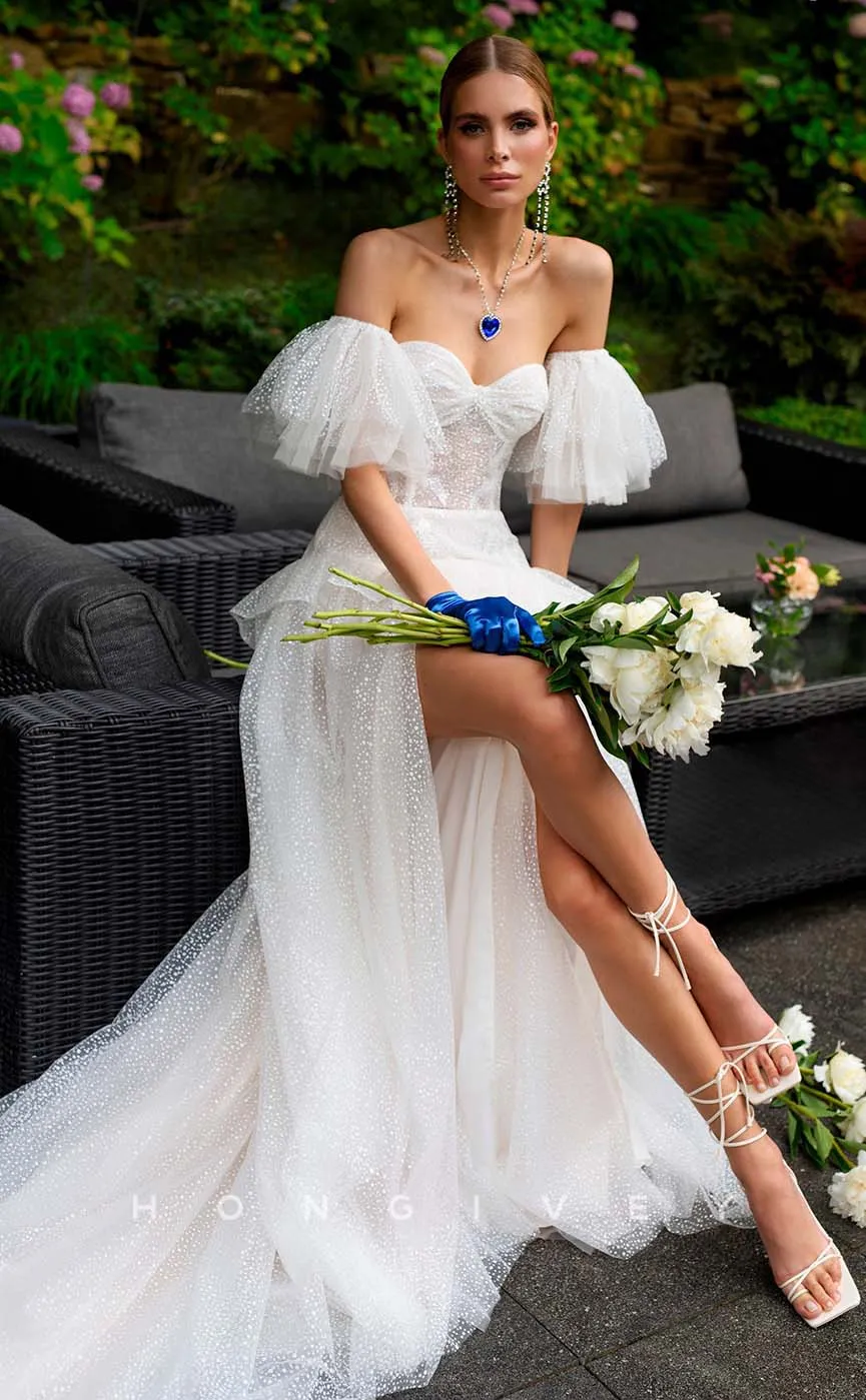 H1007 - Sexy Satin Sheer Sweetheart With Side Slit Long Beach/Bohemian Wedding Dress