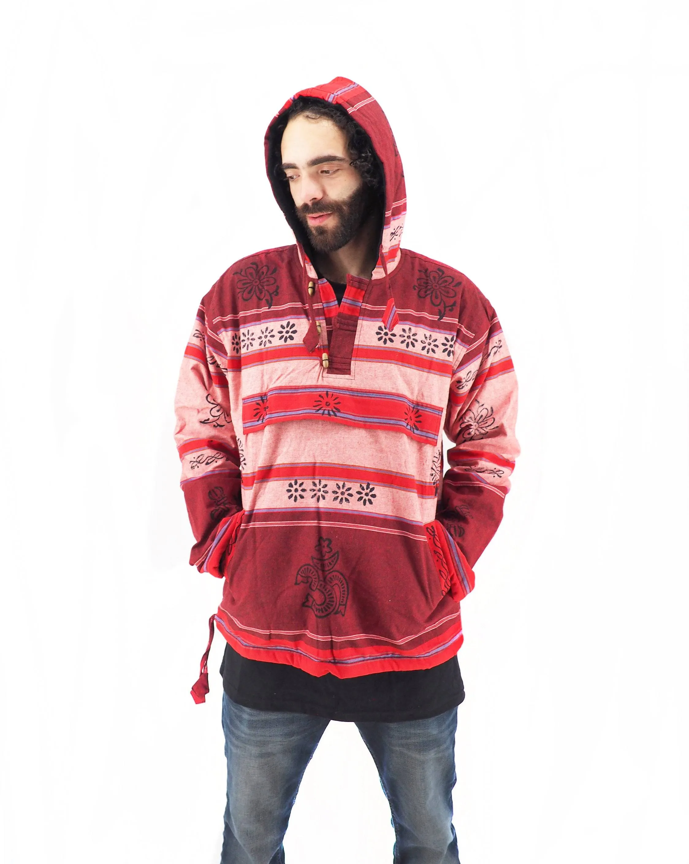 Handmade Casual Boho Cotton Unisex Jackets Hoodies Size S-M-L-XL- Red