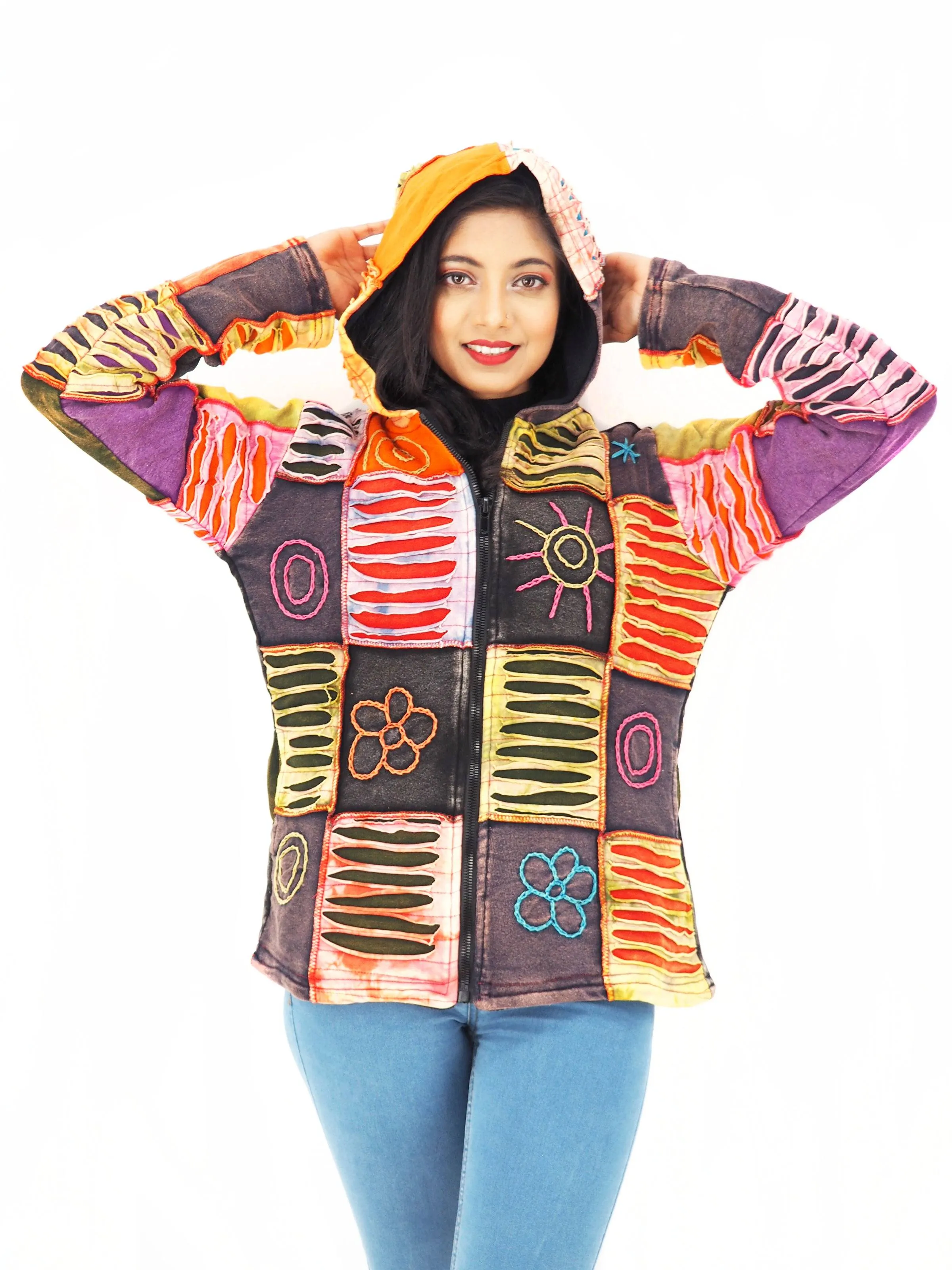 Handmade Patchwork Boho Hippie Hoodie 100% Pre-Washed Cotton Fleece Lined S-M-L-XL