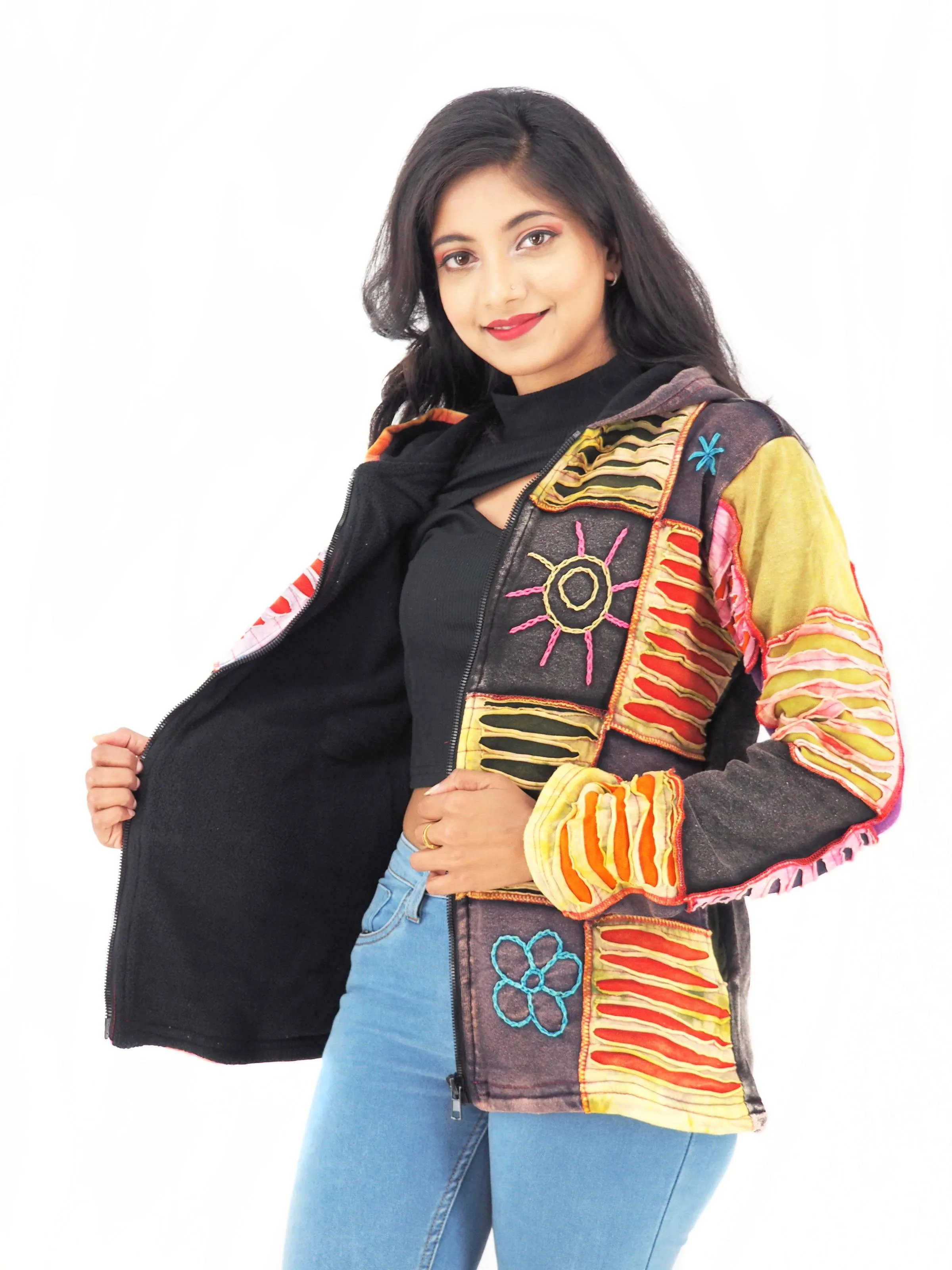 Handmade Patchwork Boho Hippie Hoodie 100% Pre-Washed Cotton Fleece Lined S-M-L-XL