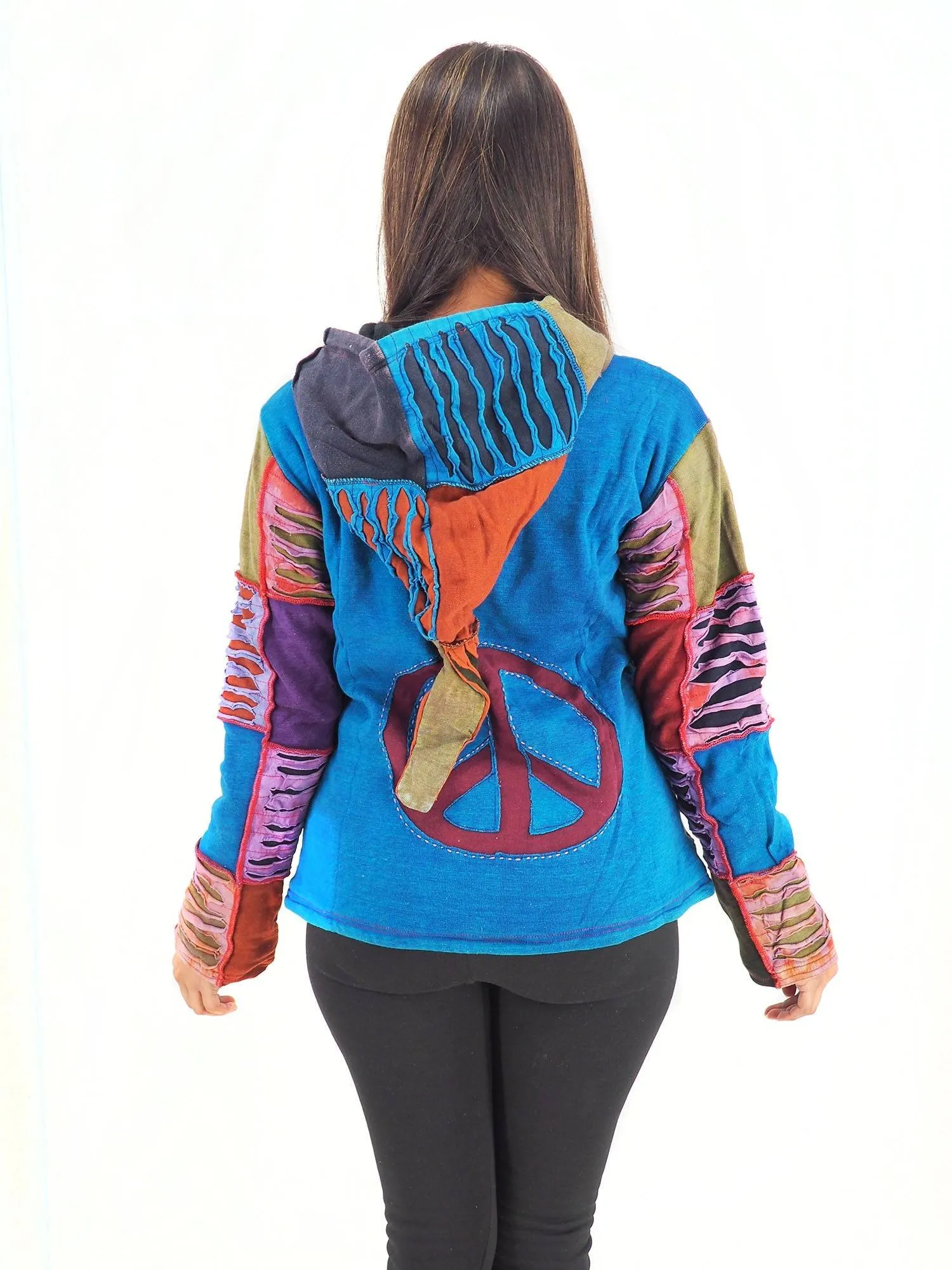 Handmade Patchwork Boho Hippie Hoodie 100% Pre-Washed Cotton Not Lined Blue S-XXL