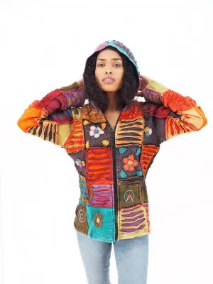 Handmade Patchwork Boho Hoodie 100% Pre-Washed Cotton Orange Black Tones XXL