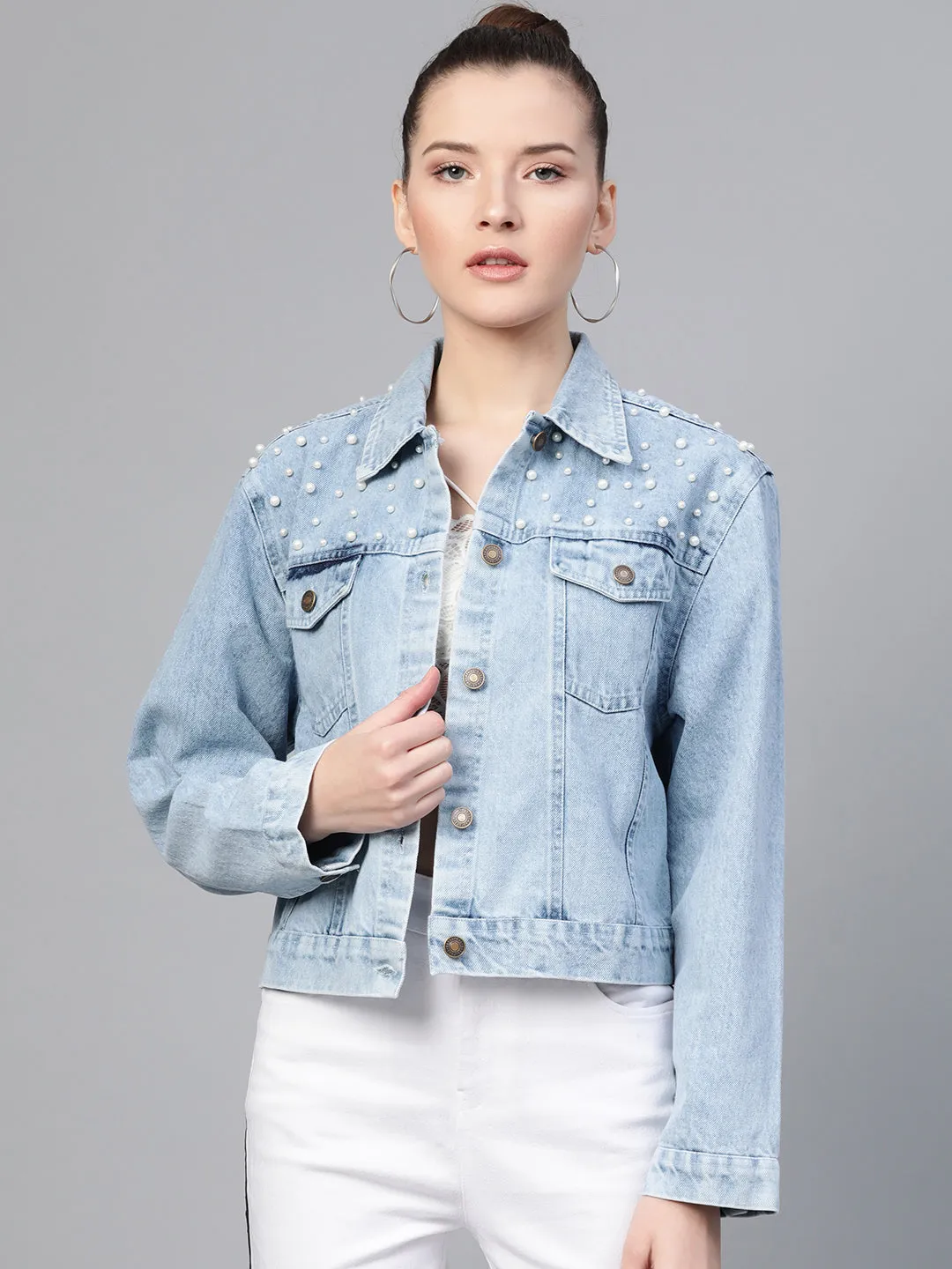 Ice Blue Pearl Spead Denim Jacket