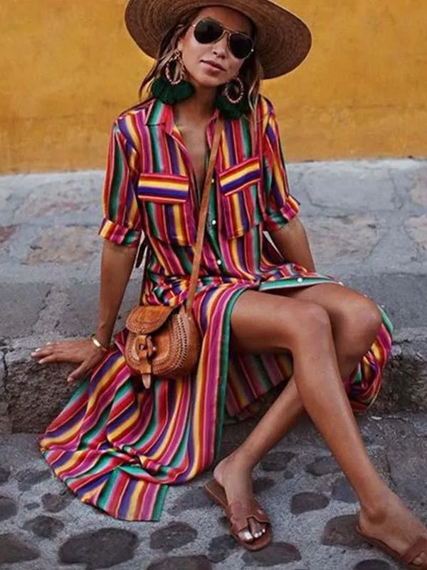 iForgirls Bohemian Multicolor Striped Dress