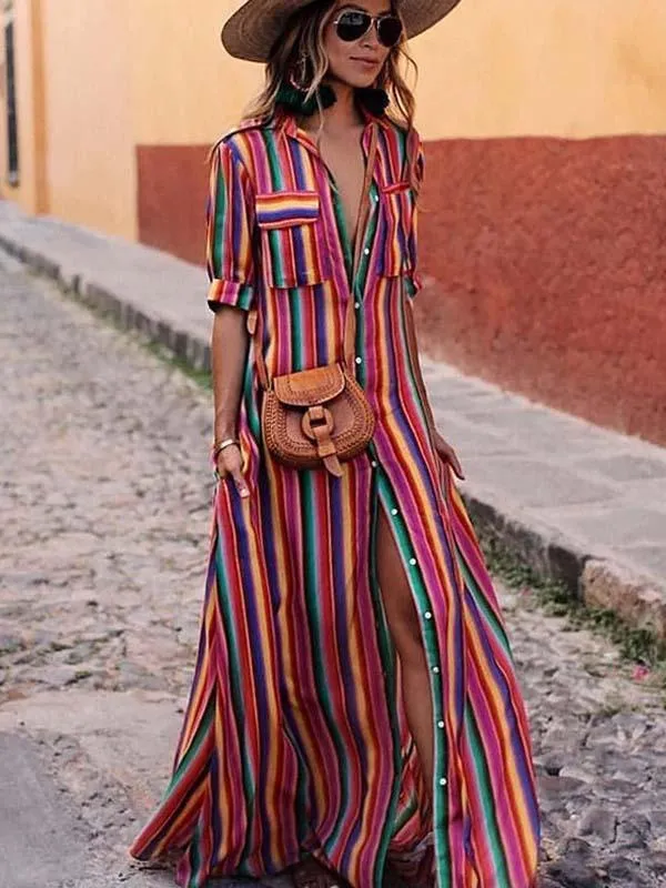 iForgirls Bohemian Multicolor Striped Dress