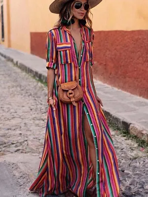 iForgirls Bohemian Multicolor Striped Dress