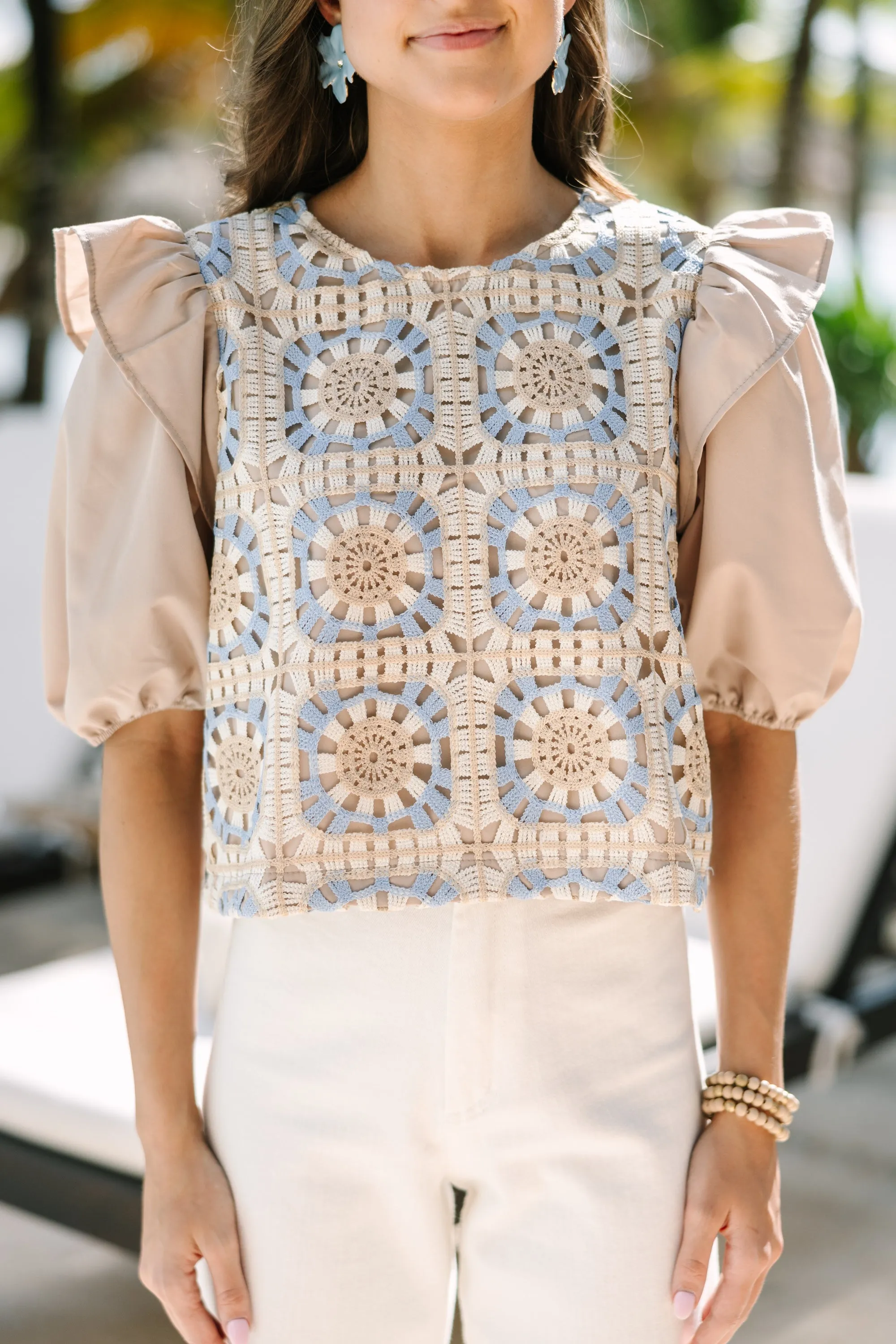 Just My Type Blue Crochet Blouse