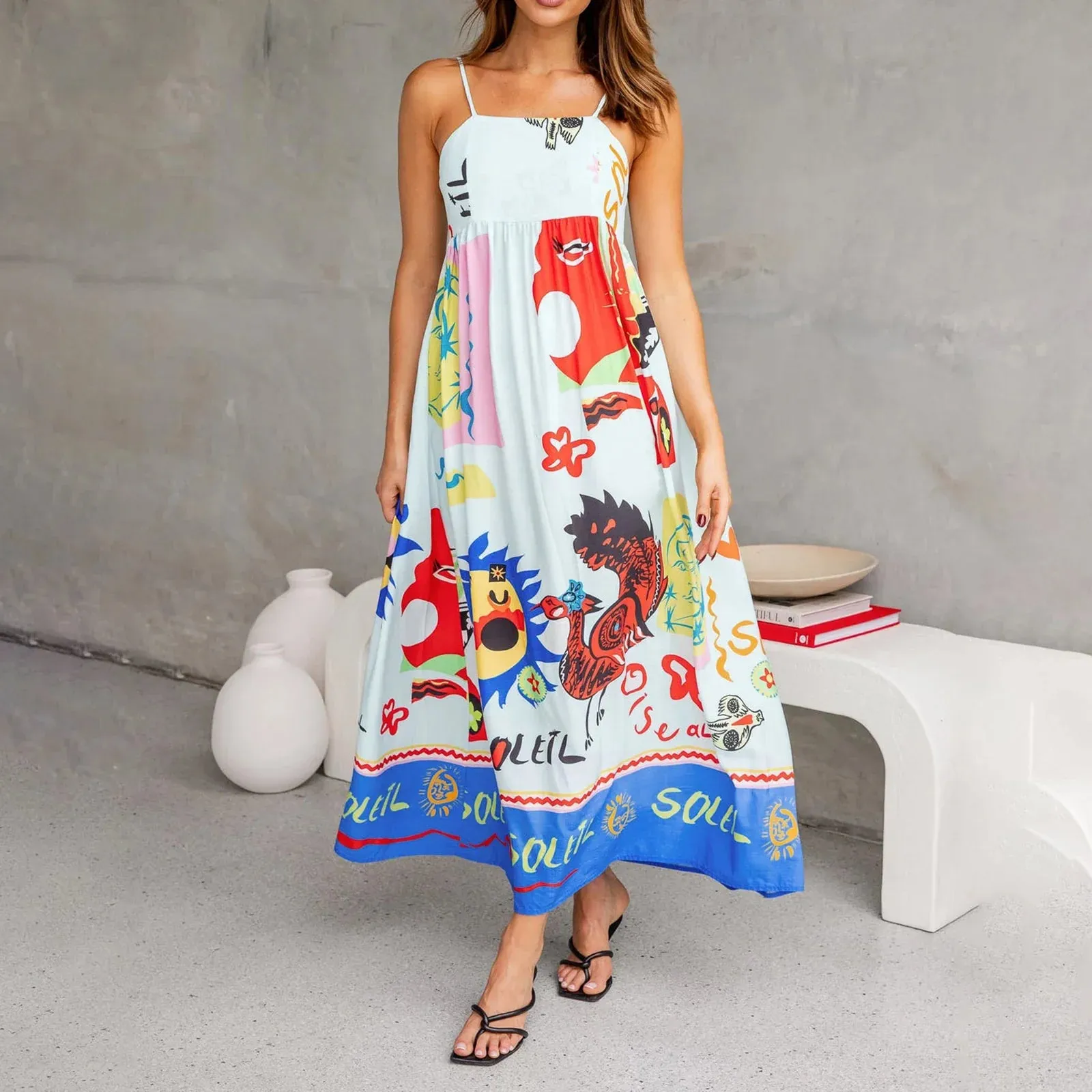 Long Graphic Print Spaghetti Straps A-line Loose Fit Holiday Beach Sun Summer Bohemian Dress