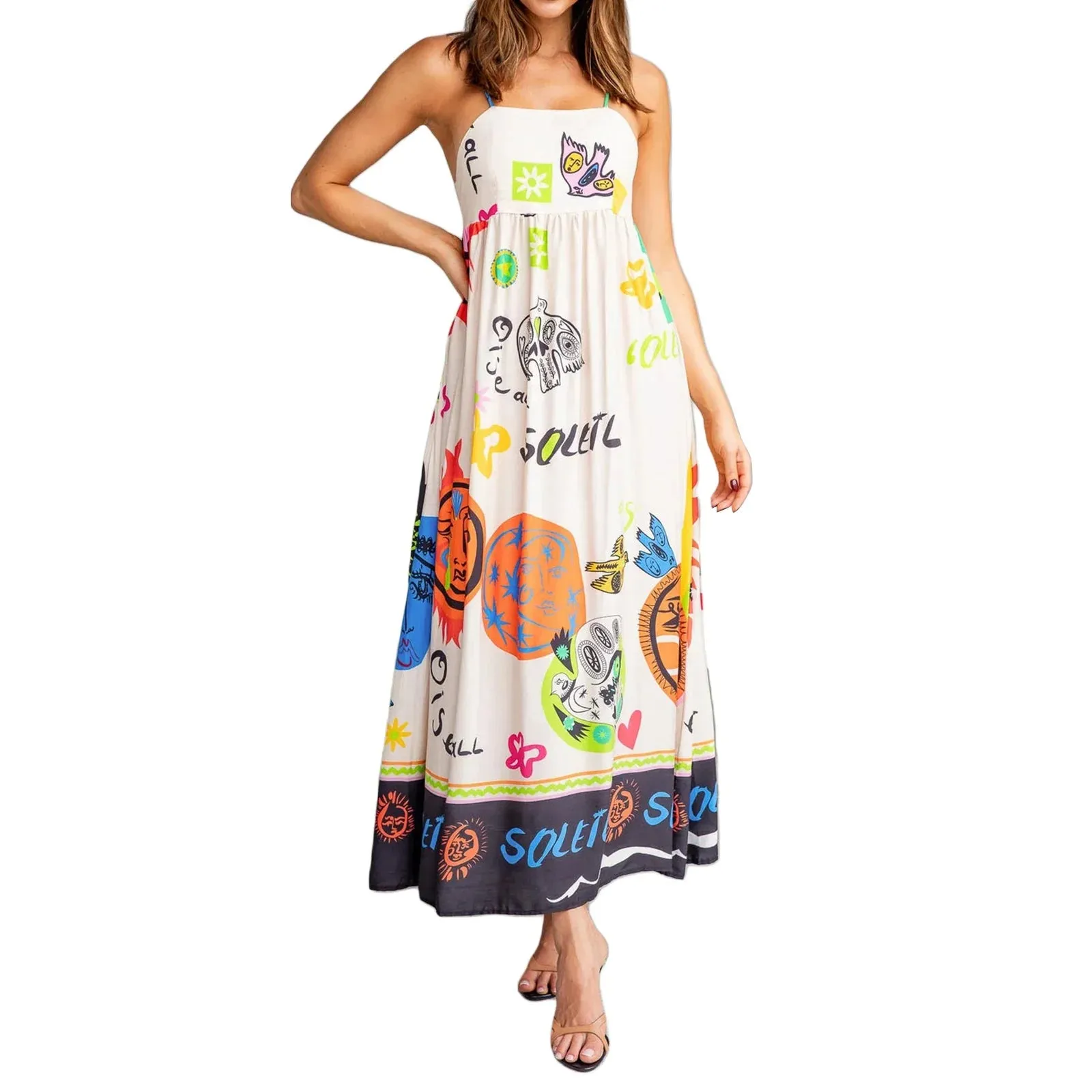 Long Graphic Print Spaghetti Straps A-line Loose Fit Holiday Beach Sun Summer Bohemian Dress