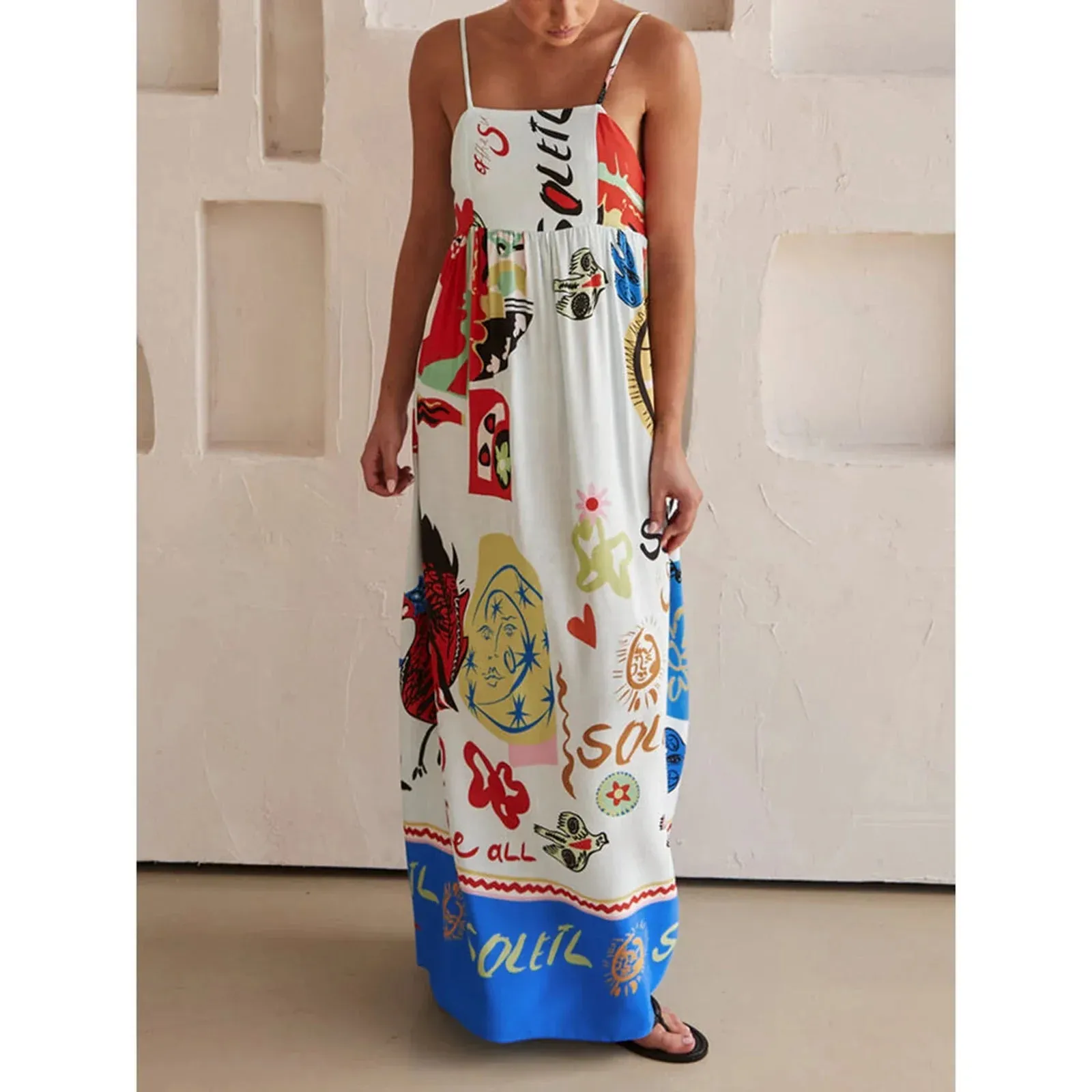 Long Graphic Print Spaghetti Straps A-line Loose Fit Holiday Beach Sun Summer Bohemian Dress