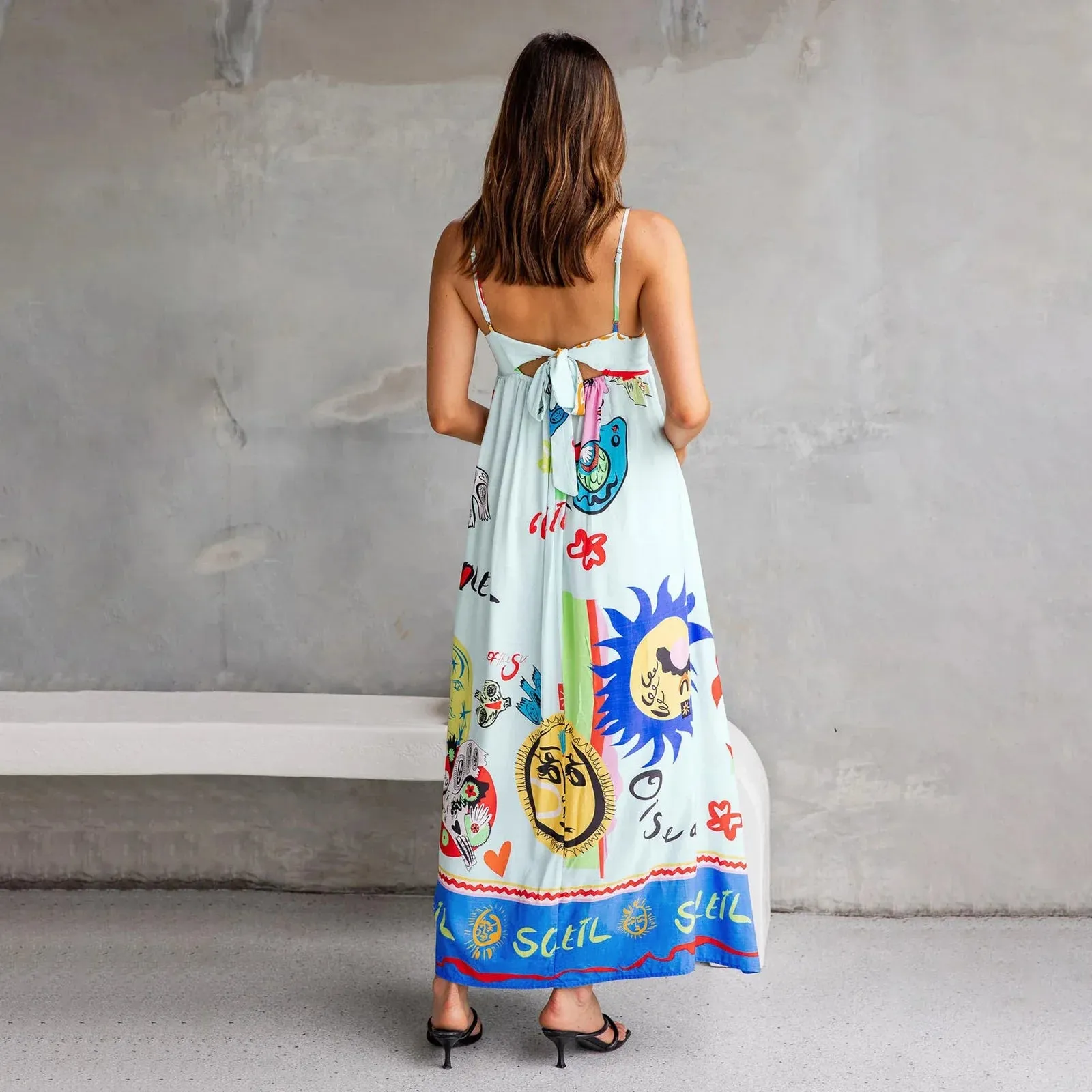 Long Graphic Print Spaghetti Straps A-line Loose Fit Holiday Beach Sun Summer Bohemian Dress