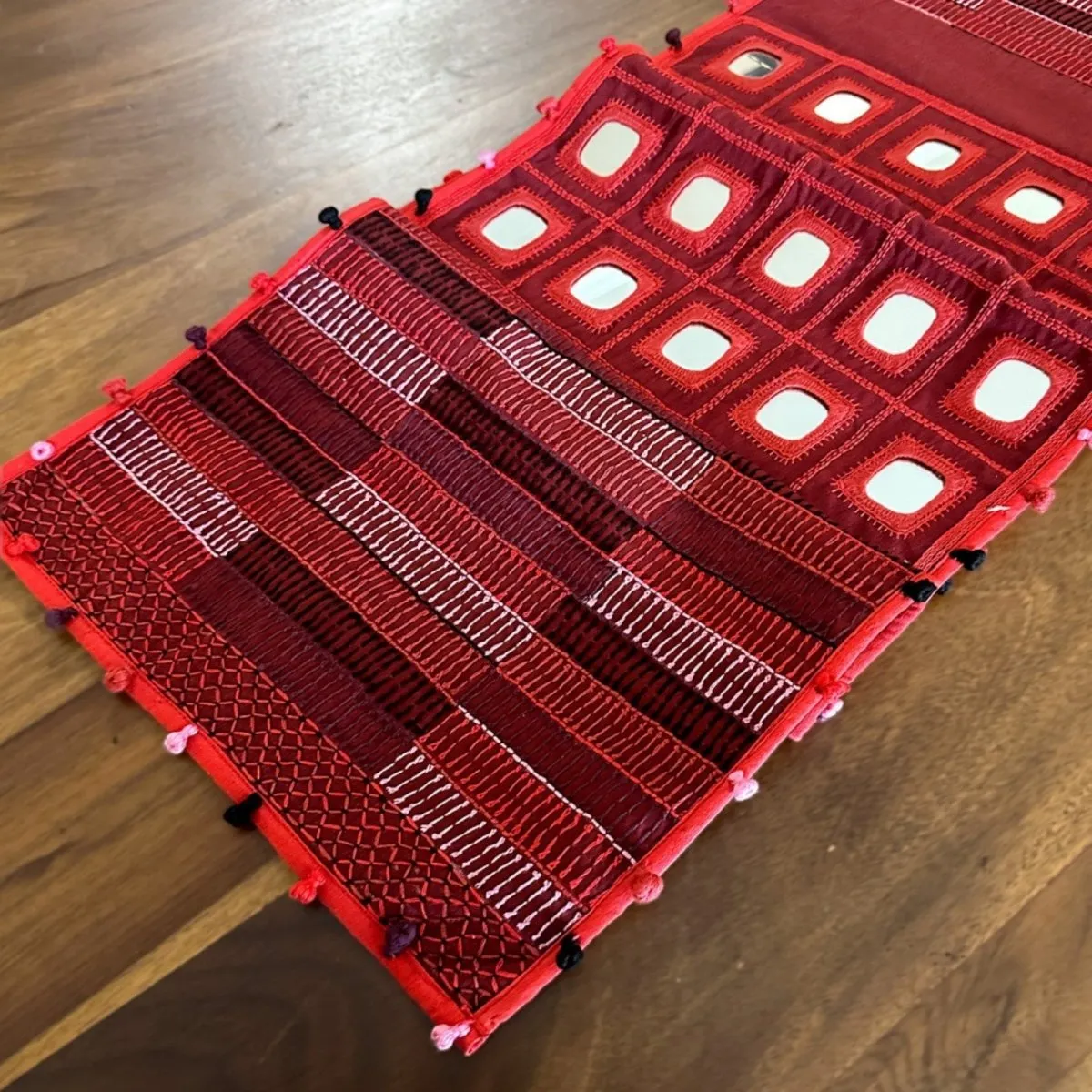 Maroon Handwoven Mirror & Thread-Work Table Runner