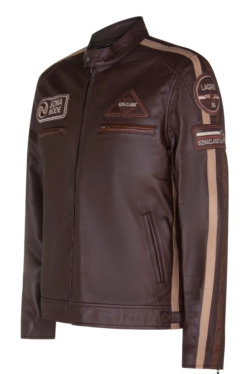 Mens Brown Lambskin Racer Style Jacket, Style 5011