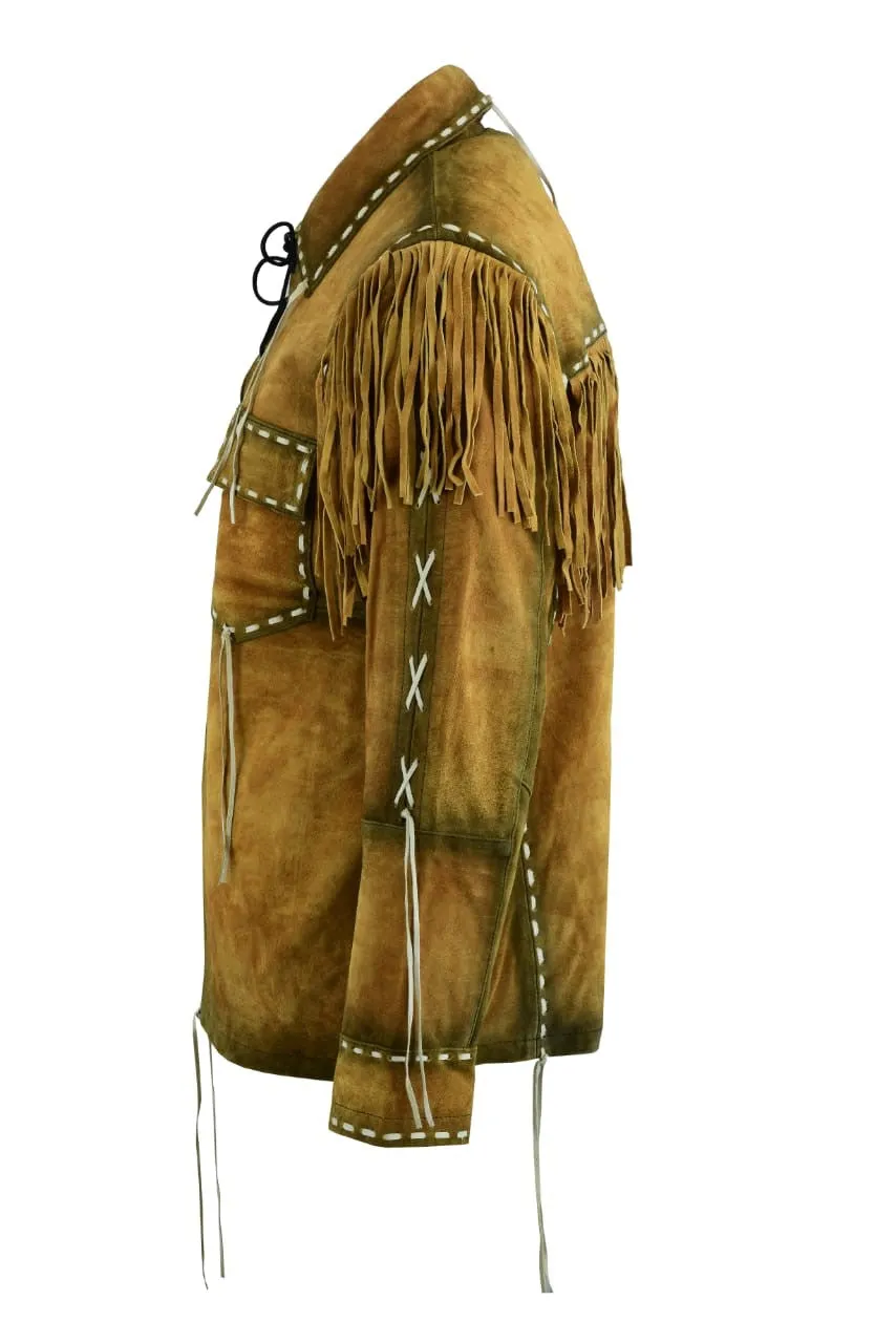 Mens Western Cowboy Brown Suede Leather Jacket With Fringe