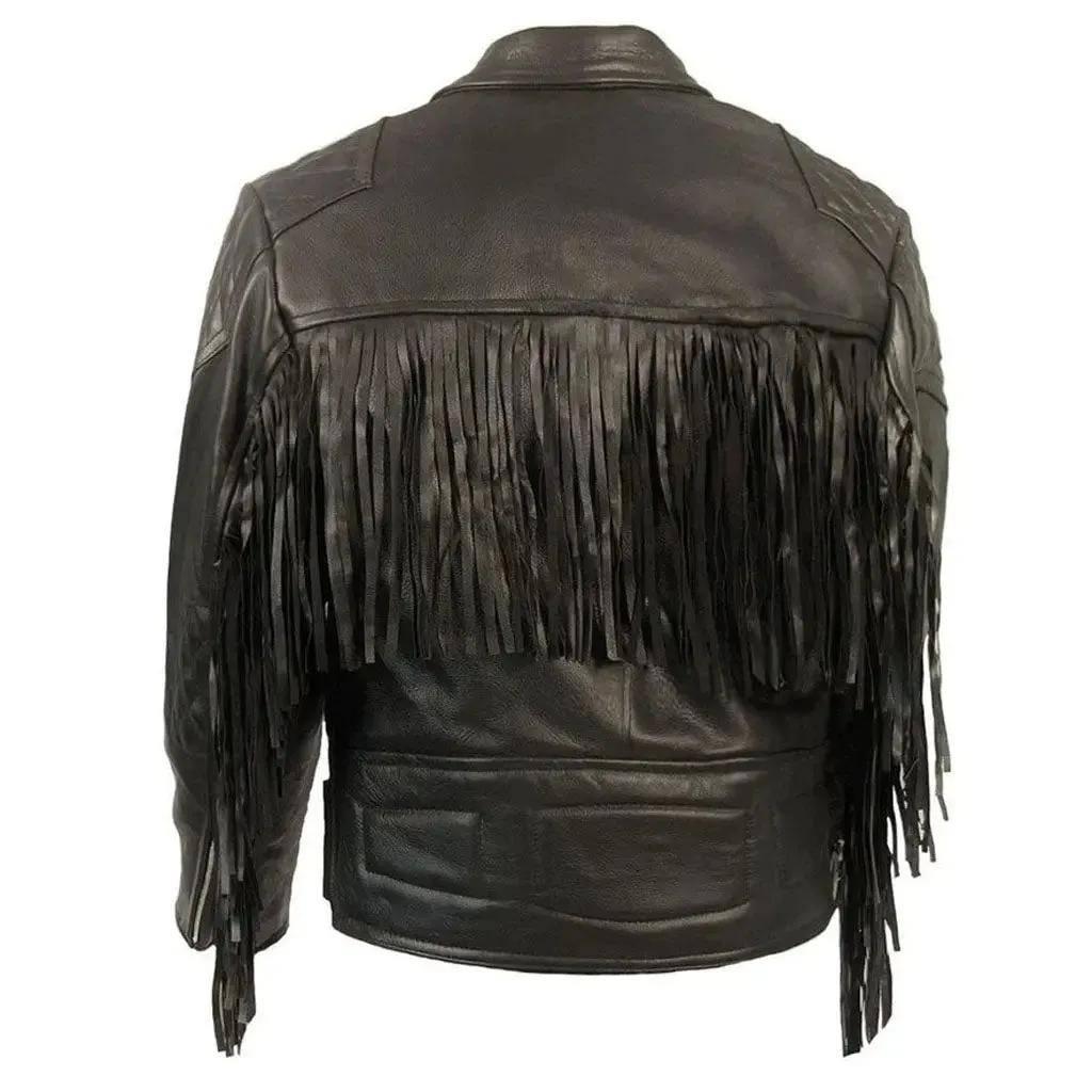 Men's Western Style Black Leather Jacket with Fringes and Quilted