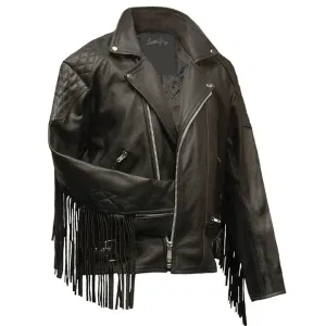 Men's Western Style Black Leather Jacket with Fringes and Quilted