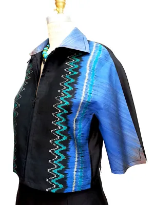 Modern Ikat Couture Cut Jacket Black Cobalt Turquoise