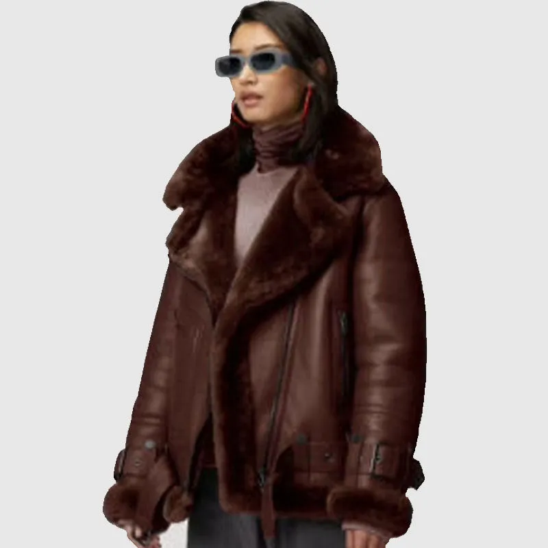 New Style 2022 Women Brown Aviator Styled Sheepskin Shearling Leather Jacket