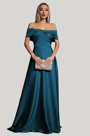 Peacock Blue Satin A Line Off the Shoulder Maxi Dress