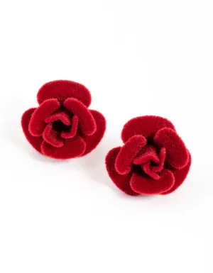 Red Fabric Velvet Rose Stud Earrings