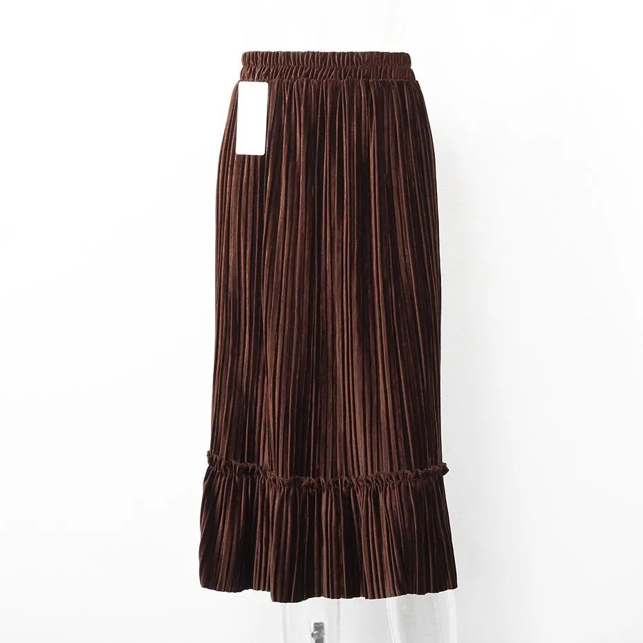 Ruffle Velvet Spring Pleated Long Skirt