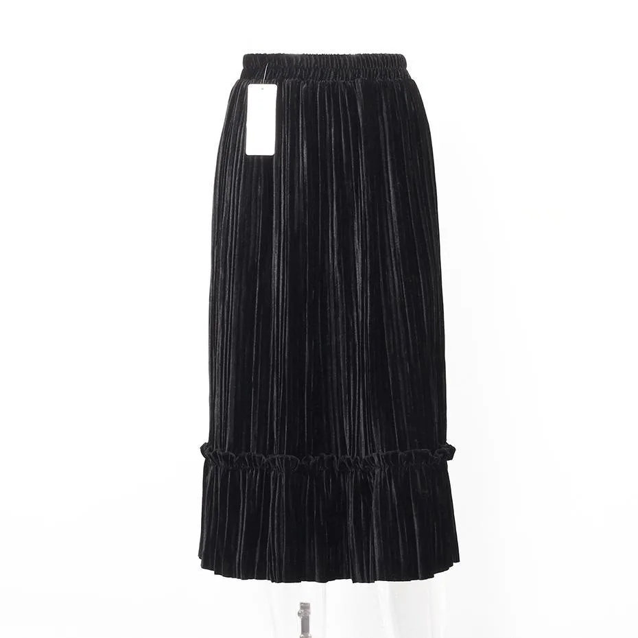 Ruffle Velvet Spring Pleated Long Skirt