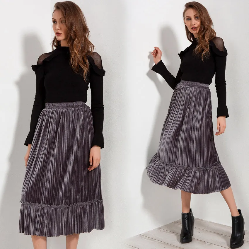 Ruffle Velvet Spring Pleated Long Skirt