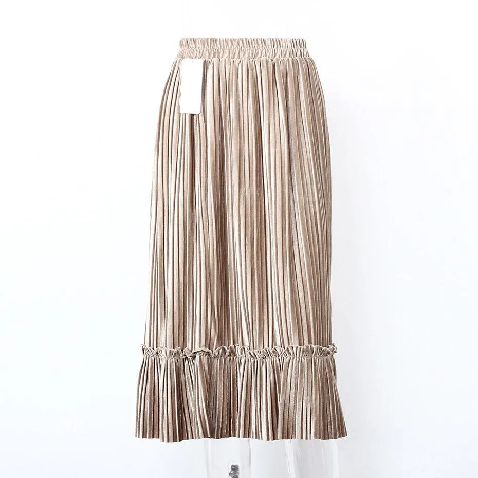 Ruffle Velvet Spring Pleated Long Skirt