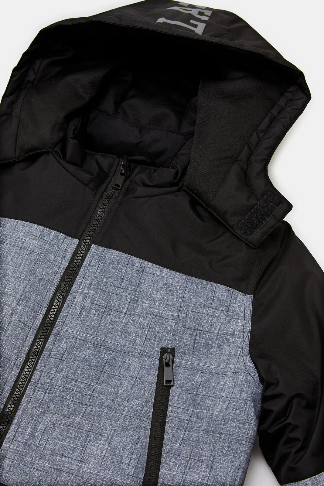 Senior Boys Black And Grey Hooded Casual Jacket