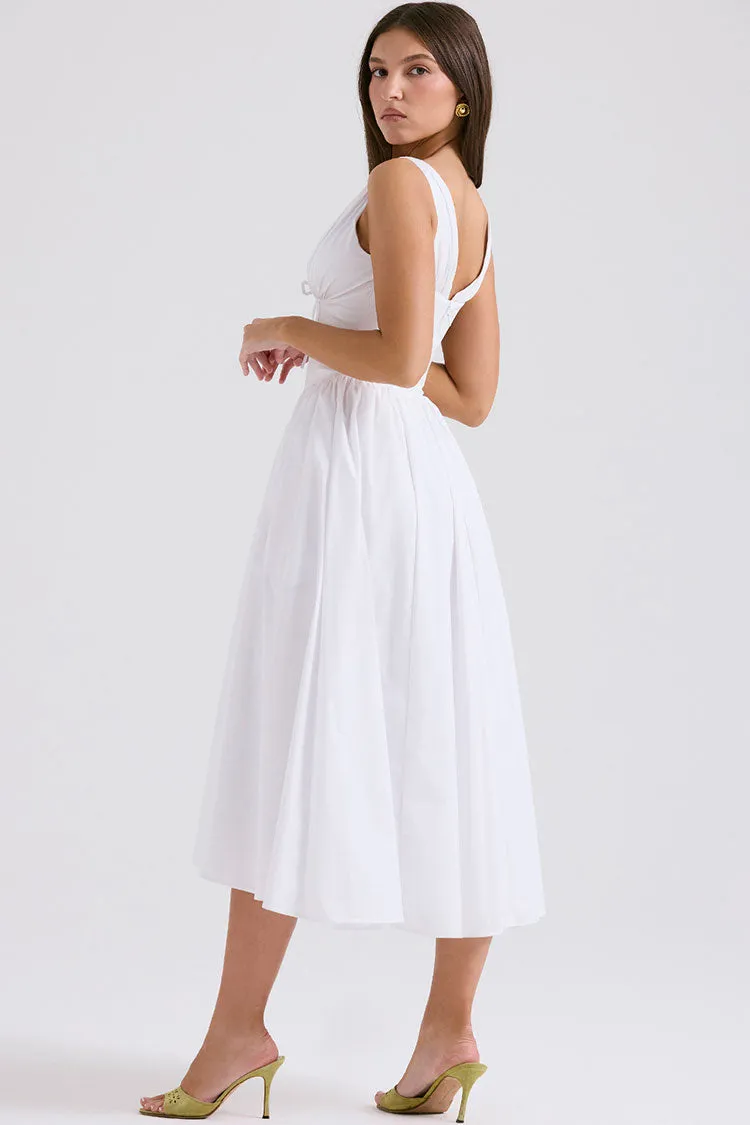 Sexy Bow Tie Deep V Ruched Drop Waist Pocket Corset Midi Sundress - White