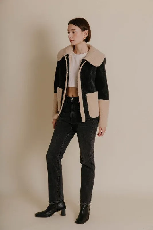 Shearling Contrast Vegan Leather Jacket