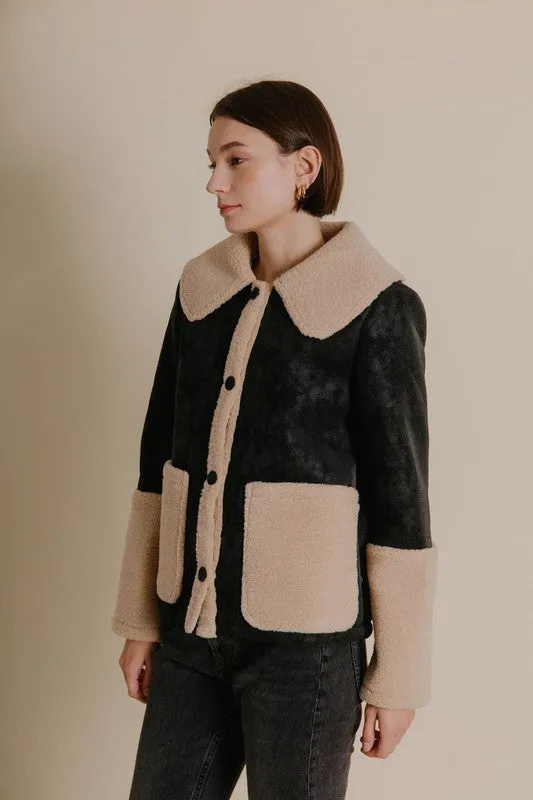 Shearling Contrast Vegan Leather Jacket