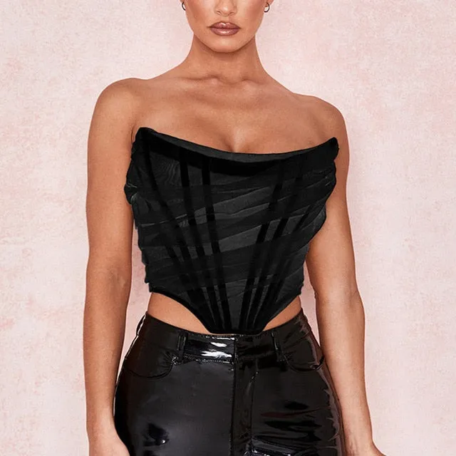 Sleeveless Strapless Bustier Corset Crop Tops Mesh Backless Zipper Summer Top