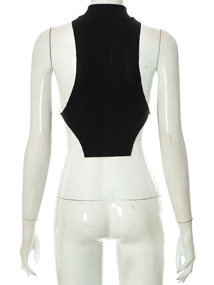 Spring Trend Chain Y2K  Tank Top Sleeveless Hollow Turtleneck Waistless Elastic Buckle Crop Top