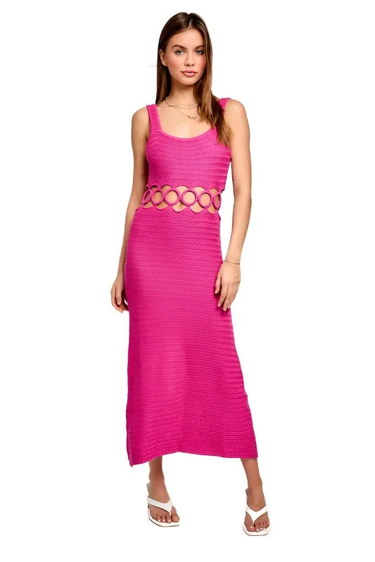 SQUARE NECK SLEEVELESS CROCHET MIDI DRESS