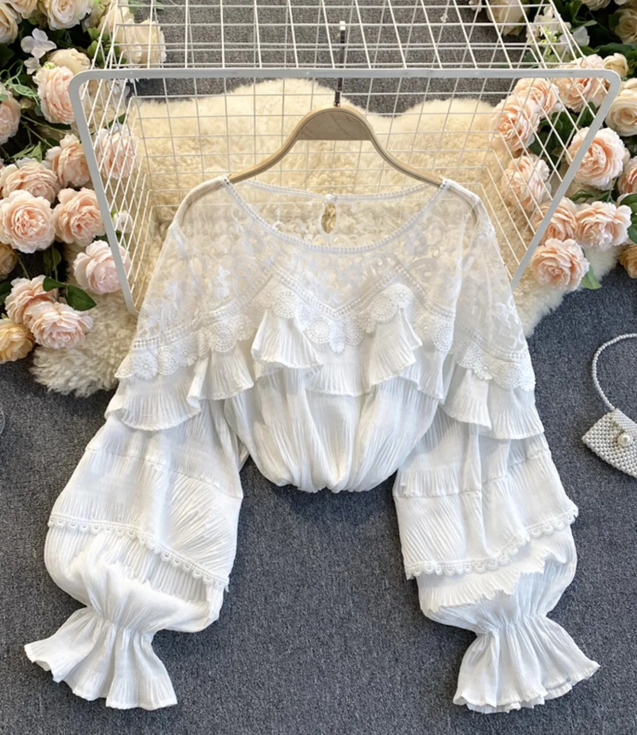 Stylish long sleeve tops see through lace tops   S86