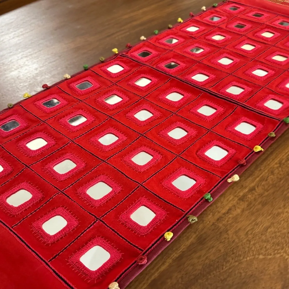 Table Runner In Red With Mirror And Threadwork | Eco Friendly Sustainable Embroidered Tableware | Handmade In India