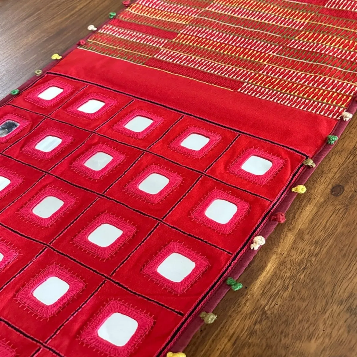 Table Runner In Red With Mirror And Threadwork | Eco Friendly Sustainable Embroidered Tableware | Handmade In India