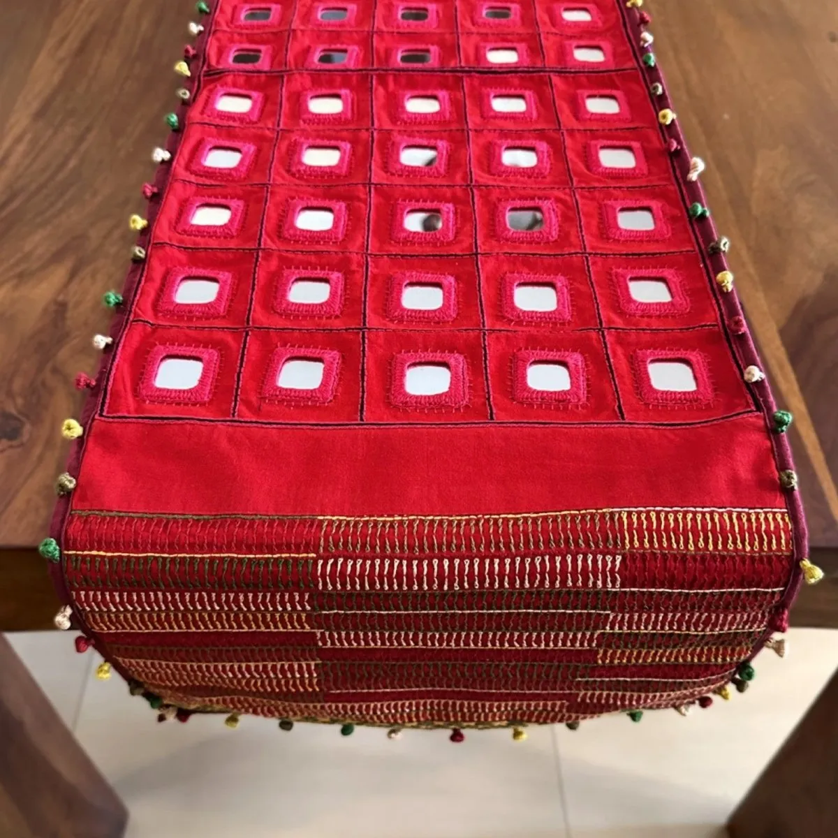 Table Runner In Red With Mirror And Threadwork | Eco Friendly Sustainable Embroidered Tableware | Handmade In India