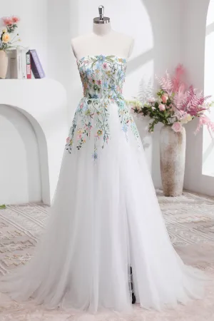 White A Line Strapless 3D Flowers Tulle Wedding Dress with Slit