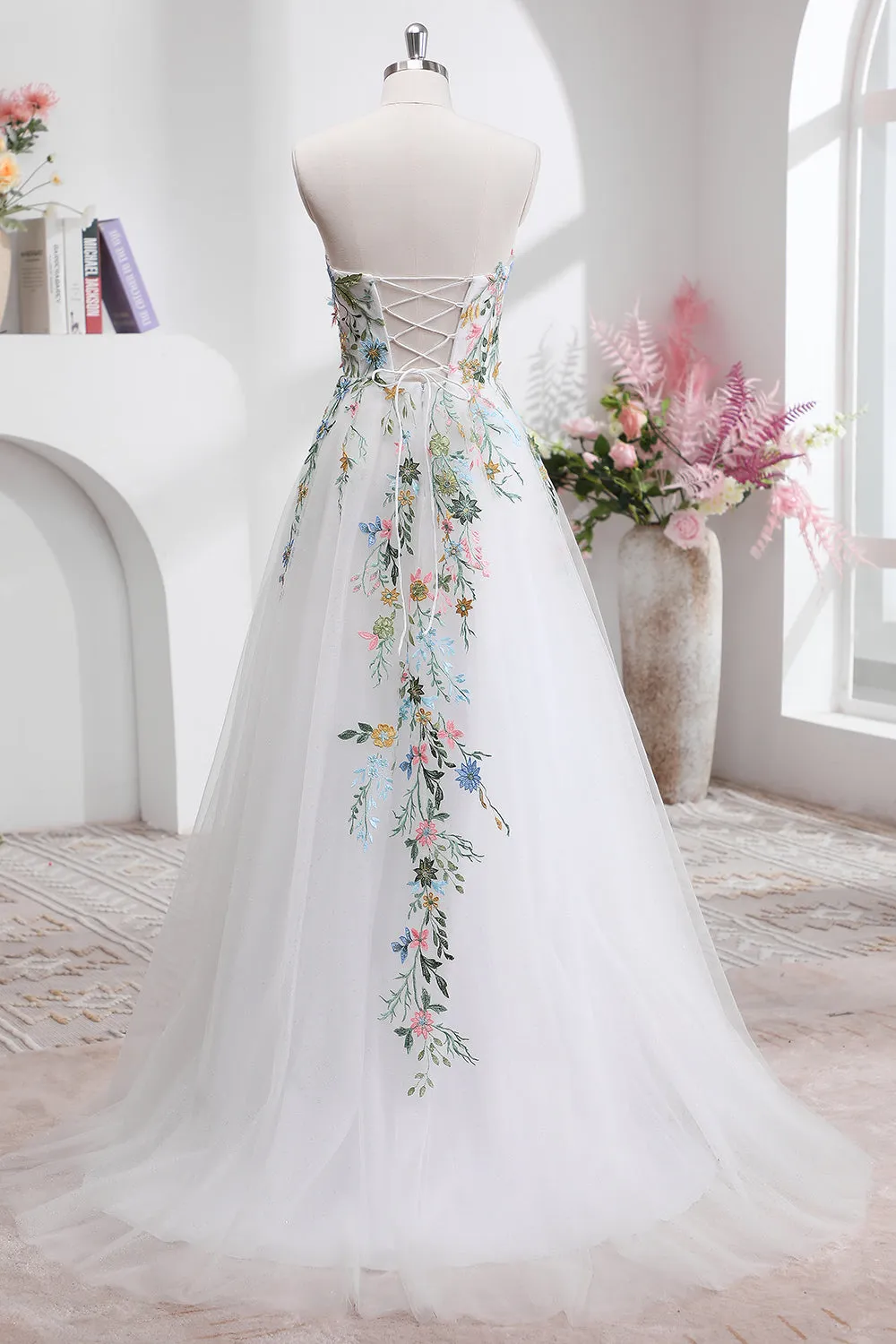 White A Line Strapless 3D Flowers Tulle Wedding Dress with Slit