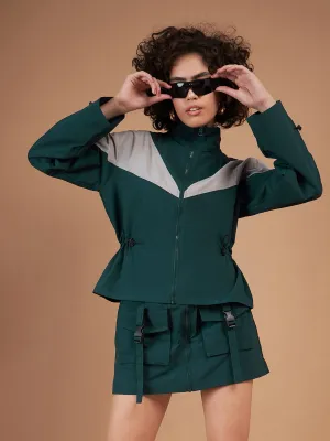 Women Green Colour Block Parachute Varsity Jacket