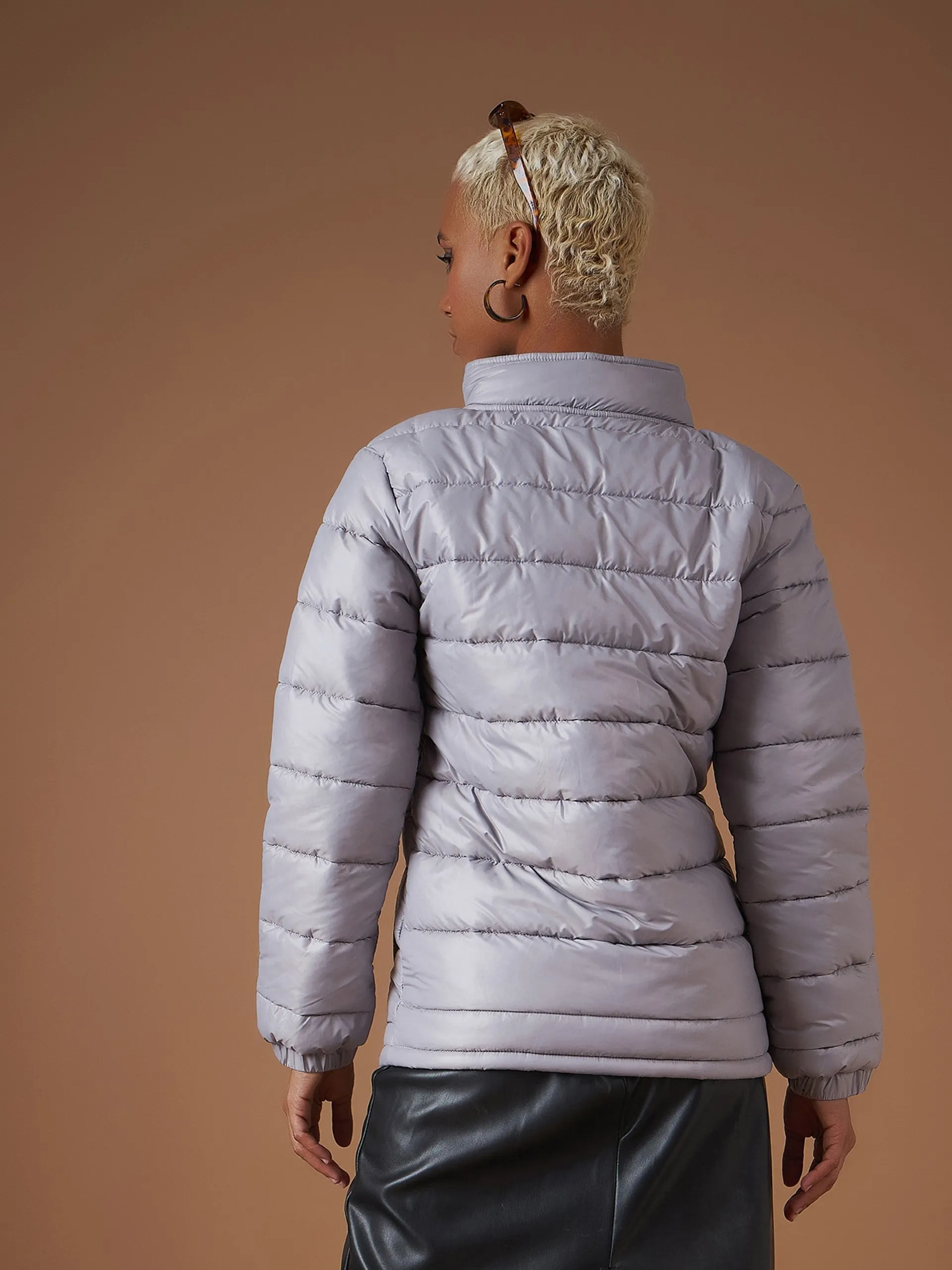 Women Grey High Neck Horizontal Quilt Puffer Jacket