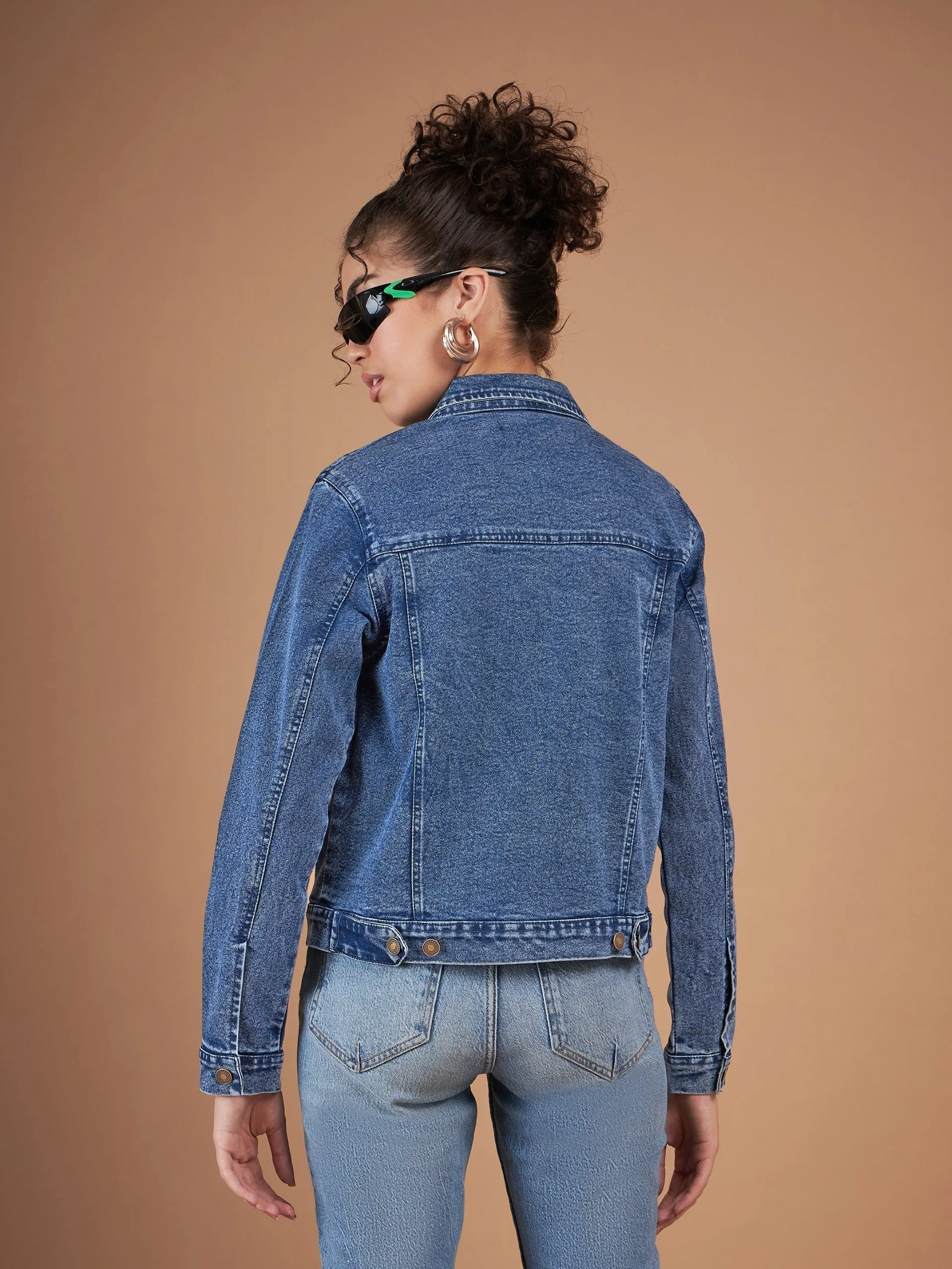 Women Navy Washed Denim Regular Jacket