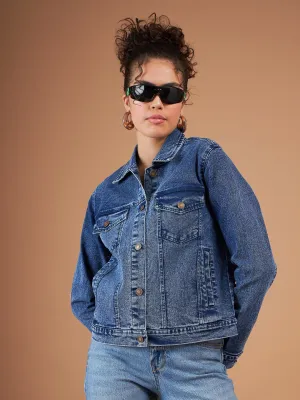 Women Navy Washed Denim Regular Jacket