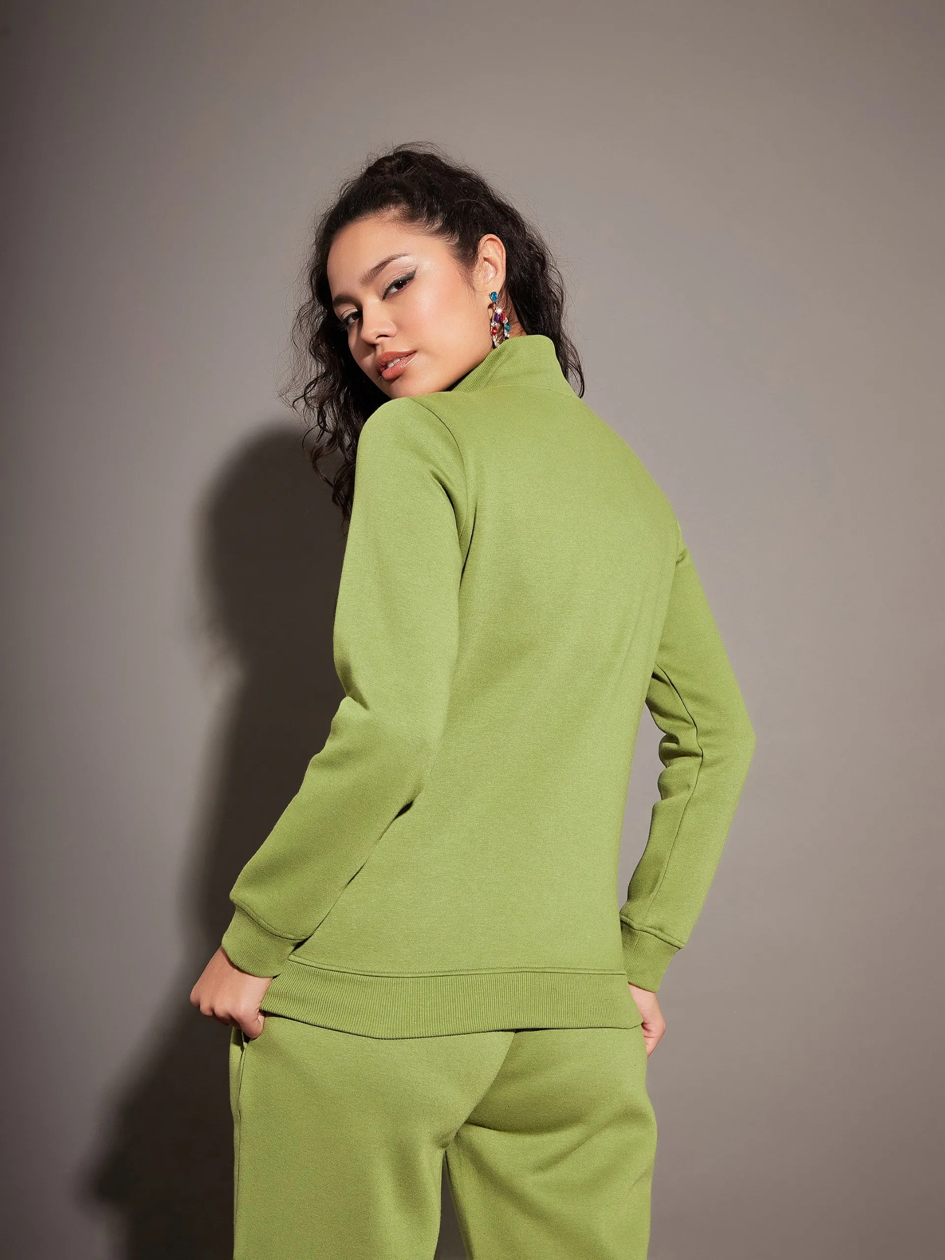 Women Olive Fleece Zipper Jacket