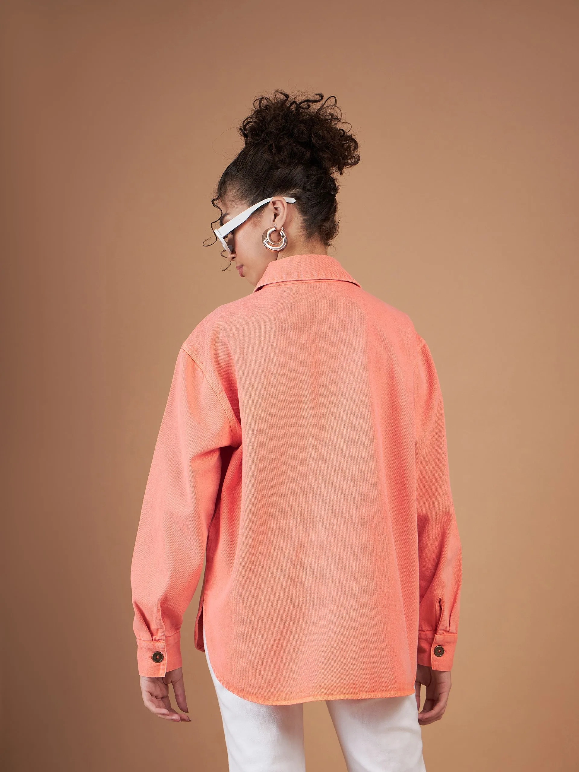 Women Orange Washed Denim Shacket