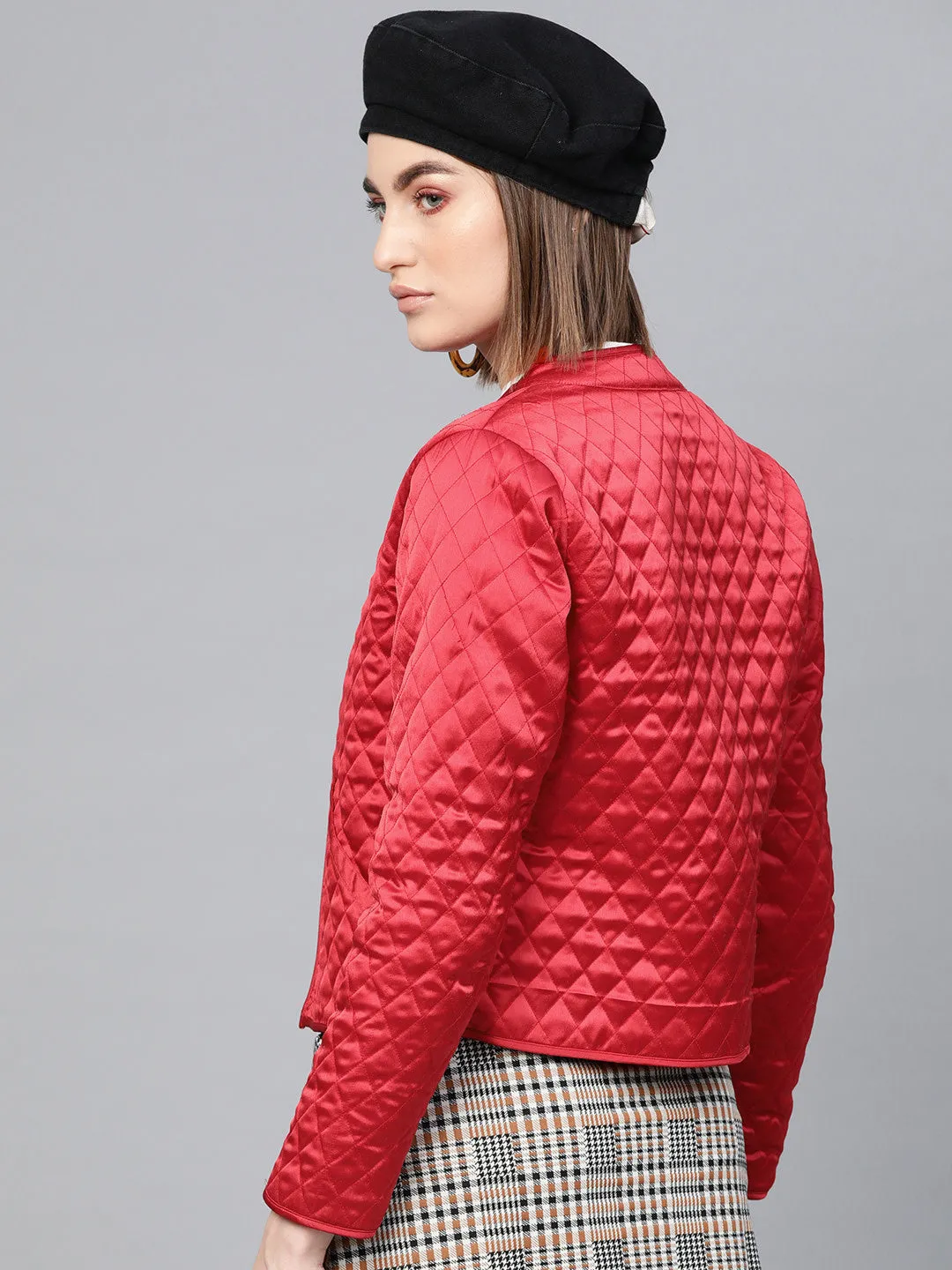 Women Red Front Open Quilted Jacket